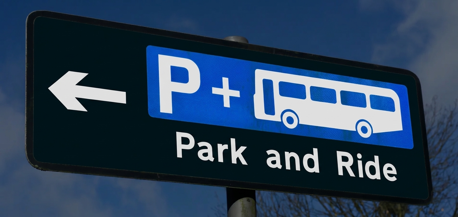Park-and-Ride-Schild mit P+, Bussymbol und Pfeil nach links